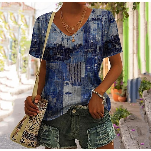 

T shirt Tee Femme Rose Claire Bleu Violet Tie Dye Imprimer Manche Courte du quotidien Fin de semaine basique Col V Normal Standard Abstrait Peinture S