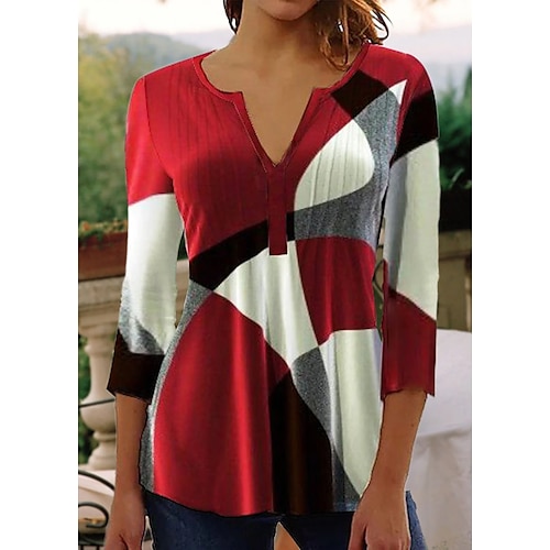 

Damen Hemd Bluse Rote Farbblock Bedruckt 3/4 Ärmel Casual Basic V Ausschnitt Standard S