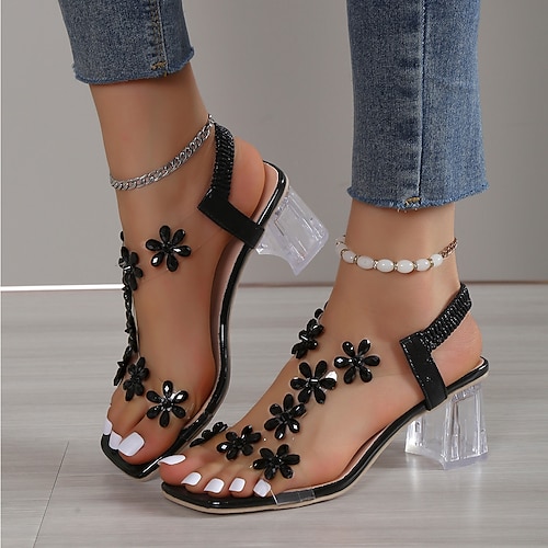 

Women's Sandals Block Heel Sandals Clear Shoes Ankle Strap Sandals Work Daily Summer Flower Chunky Heel Open Toe Sexy Classic Casual Faux Leather Patent Leather Loafer Floral Black Champagne