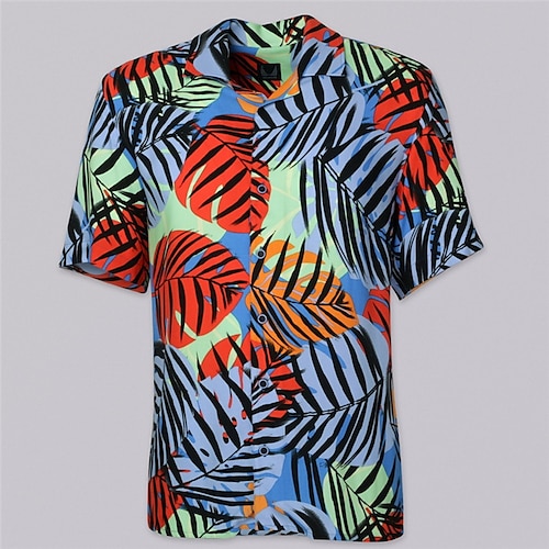 

Men's Linen Shirt Shirt Summer Hawaiian Shirt Graphic Prints Leaves Cuban Collar Blue Casual Hawaiian Short Sleeve Button-Down Print Clothing Apparel Linen Sports Fashion Streetwear Designer