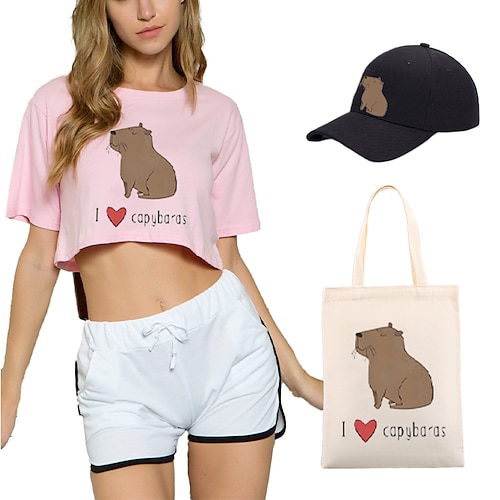 

Tier Wasserschwein T-Shirt-Ärmel Kurze Hosen Baseballmütze Bedruckt Grafik Tasche Unterhose Hut Für Damen Erwachsene Heißprägen 100% Polyester Casual