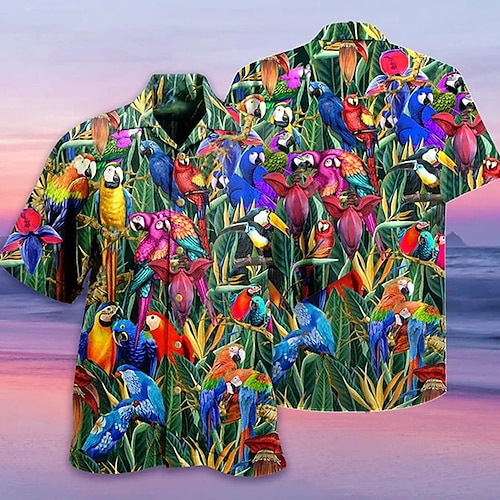 

Men's Shirt Summer Hawaiian Shirt Graphic Prints Parrot Leaves Cuban Collar Light Green Blue Sky Blue Dark Green Purple Casual Holiday Short Sleeve Button-Down Print Clothing Apparel Sports Fashion