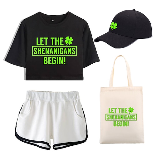 

St. Patrick's Day Kleeblatt irisch T-Shirt-Ärmel Kurze Hosen Baseballmütze Bedruckt Grafik Tasche Unterhose Hut Für Damen Erwachsene Heißprägen 100% Polyester Casual