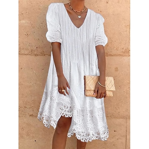 

Women's Cotton Linen Dress Casual Dress Midi Dress Cotton Blend Fashion Modern Outdoor Daily Vacation V Neck Lace Half Sleeve Summer Spring Fall 2023 Loose Fit White Plain S M L XL 2XL