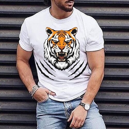 

Herre T skjorte T-skjorter Grafisk Tiger Crew-hals Klær 3D-utskrift utendørs Avslappet Kortermet Trykt mønster Årgang Mote Designer