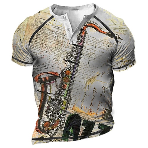 

Herre Henley-skjorte T-Shirts Grafisk Musikinstrumenter Country musik Henley Tøj 3D-udskrivning udendørs Afslappet Kortærmet Patchwork Knap ned Mode Designer Bekvem