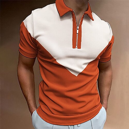 

Herre Zip Polo Kvart zip-polo Avslappet Daglig Aftæpning Kortermet Mote Gatemote Fargeblokk Quarter Zip Vår sommer Oransje Zip Polo