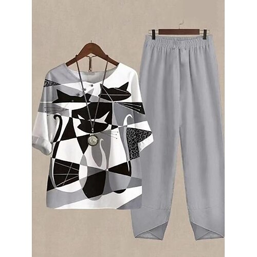 

Dame Pyjamas Pyjamas top og bukser Sæt Kat Geometrisk Mode Afslappet Blødt Hjem Daglig Seng Polyester Åndbart Rund hals Halvlange ærmer T-shirt Bukse Sommer Forår Grå