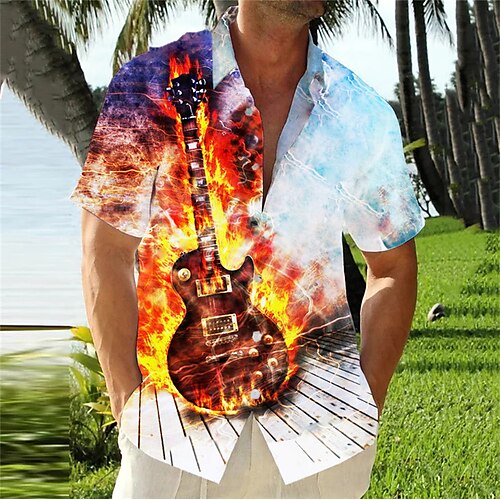 

Herren Hemd Hawaiihemd Sommerhemd Grafik-Drucke Musik Gitarre Umlegekragen Gelb Blau Purpur Grün Grau Strasse Casual Kurze Ärmel Button-Down Bedruckt Bekleidung Modisch Strassenmode Designer Weich