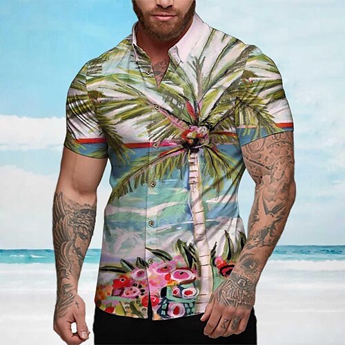 

Homens Camisa Social Camisa havaiana Coqueiro Estampas Abstratas Aberto para a Lateral Azul Ao ar livre Rua Manga Curta Imprimir Roupa Moda Roupa de rua Designer Macia