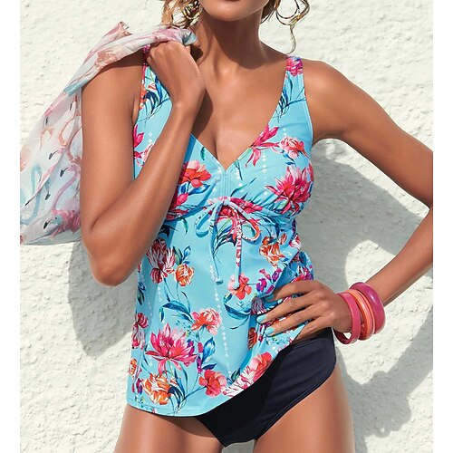 

Damen Badeanzug Tankini 2 Stück Normal Bademode 2 Teile Print Blumen Schwarz Gelb Blau Tank Top Badeanzüge Sport Strandbekleidung Sommer