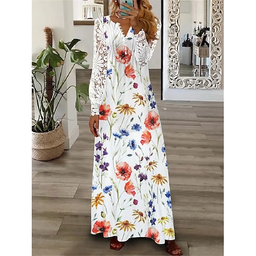 

kvinners floral blonder plisserte kjoler lang kjole maxi kjole en linje kjole print kjole vårkjole floral moderne date ferie helg langermet v-hals kjole hvit rød blå vår høst s m l xl