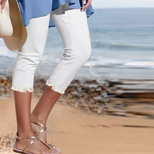 

Women's Leggings Capri shorts Black White Blue Fashion coastalgrandmastyle Casual Daily Ruffle Stretchy Calf-Length Tummy Control Plain S M L XL 2XL