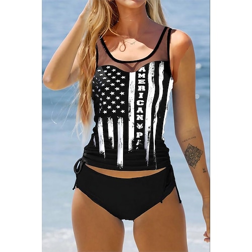 

Dame Badetøj Tankini Monokini 2 stk Normal badedragt Net Patchwork 2 stk Printer Amerikansk flag Sort Tanktop Badedragter Sport Strand Tøj Efterår