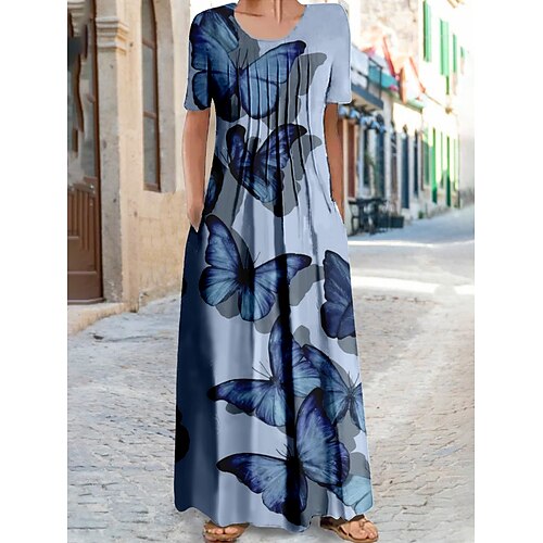 

Dame Lang kjole Maxikjole Uformell kjole Print kjole Sommerfugl Mote Daglig Feriereise Helg Rynket Lomme Kortermet Crew-hals Kjole Normal Blå Lilla Sommer Vår S M L XL XXL