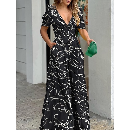 

Damen Jumpsuit Tasche Hohe Taillenlinie Blumen Tiefes V Urlaub Brautkleider schlicht Täglich Urlaub Regular Fit Kurzarm Schwarz Weiß Blau S M L XL Sommer