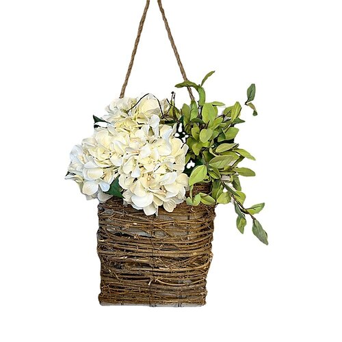 

Spring Hydrangea Flower Basket Wreath Simulation Flower Rattan Basket Door Basket Door Hanging Decoration