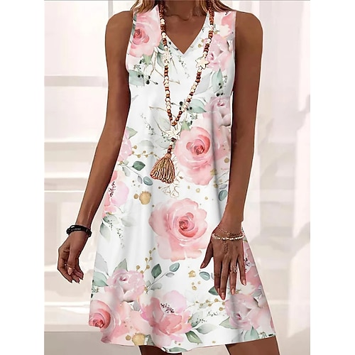 

Dame Afslappet påklædning Skift Kjole Print kjole Blomstret Trykt mønster V-hals Mini kjole Aktiv Mode udendørs Daglig Uden ærmer Løstsiddende Gul Lyserød Blå Sommer Forår S M L XL XXL