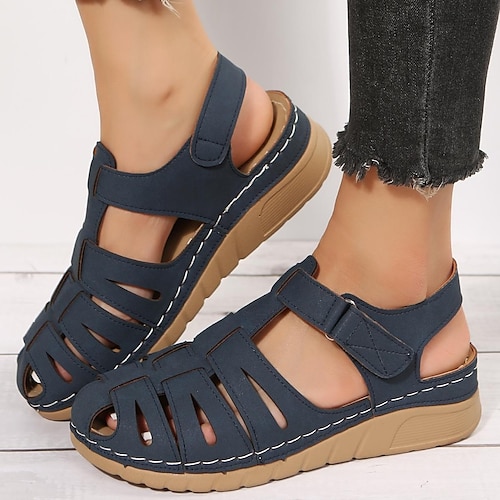 

Mulheres Sandálias Sandálias Anabela Sapatos Confortáveis Ao ar livre Diário Praia Verão Vazado Flor Salto Plataforma Dedo Fechado Vintage Clássico Casual Couro Sintético Velcro Côr Sólida Preto Azul