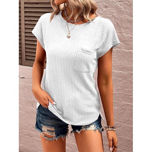 

Women's T shirt Tee claret Black White Plain Pocket Short Sleeve Daily Weekend Basic Round Neck Regular S