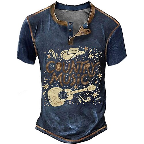 

Herre Henly-skjorte T-skjorter Grafisk Gitar Countrymusikk Henley Klær 3D-utskrift utendørs Avslappet Kortermet Knapp ned Trykt mønster Mote Designer Bekvem