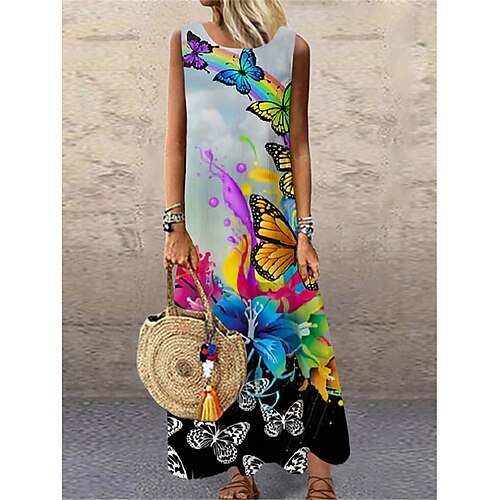 

Dame Lang kjole Maxikjole Uformell kjole Print kjole Blomstret Sommerfugl Mote Gatemote Ferie Feriereise Ut på byen Trykt mønster Ermeløs Crew-hals Kjole Normal Lilla Sommer Vår S M L XL XXL