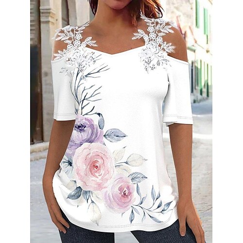 

Mujer Camisa Blusa Blanco Floral Encaje Estampado Manga Corta Casual Festivos Básico Escote en Pico Regular Flor S