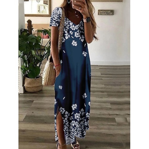 

Dame Lang kjole Maxikjole Hverdagskjole Print kjole Grafisk Blomstret Romantik Moderne Daglig Ferierejse Lomme Delt Kortærmet V-hals Kjole Løstsiddende Blå Grøn Grå Sommer Forår S M L XL XXL