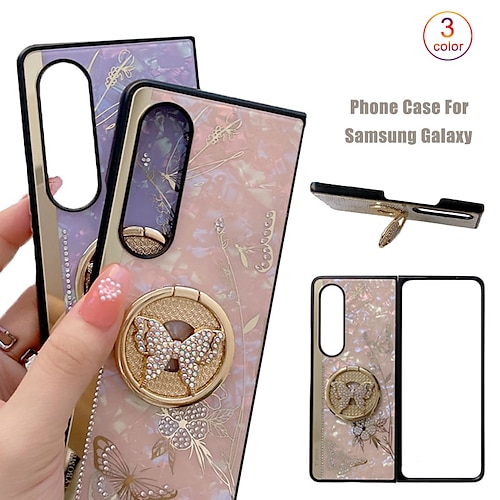 

telefone Capinha Para Samsung Galaxy Capa traseira Z Fold 4 Z Fold 3 Moldura Anti-Choque Com Strass Suporte para Alianças Borboleta Brilho brilho Flor TPU PC