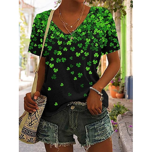 

Damen T Shirt Schwarz Grün Blatt Bedruckt Kurzarm Festtage Wochenende St. Patricks Day V Ausschnitt Standard Blume Farbe S