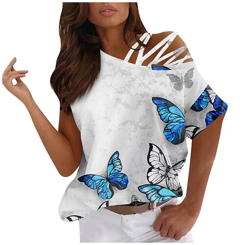 

T shirt Tee Femme Noir Blanche bleu marine Papillon Imprimer Manche Courte du quotidien Fin de semaine basique Une Epaule Normal Standard Papillon Peinture S