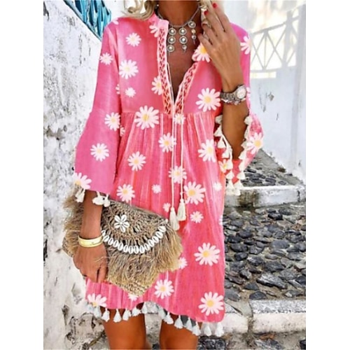 

Per donna Vestito casual Abito estivo Abito stampato Floreale Nappa Stampa A V Manica svasata Mini abito Di tendenza Moderno Esterno Strada Manica a 3/4 Standard Rosa Estate Primavera S M L XL XXL