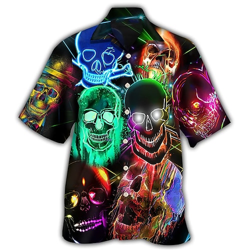 

Men's Shirt Summer Hawaiian Shirt Skull Graphic Prints Lights Turndown Black Street Casual Short Sleeves Button-Down Print Clothing Apparel Tropical Fashion Streetwear Hawaiian