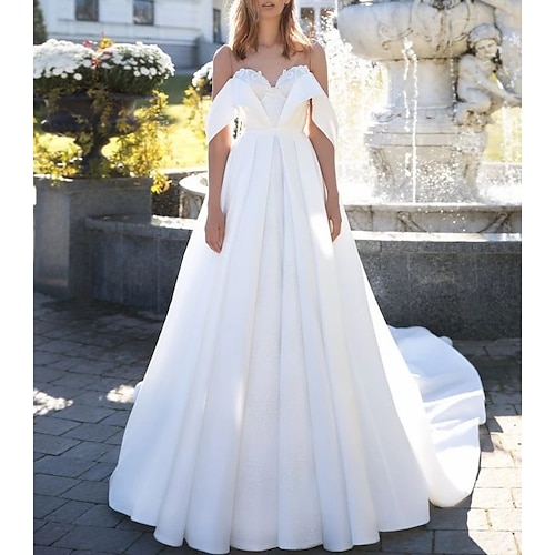 

Schiena scoperta Da cerimonia Abiti da sposa Strascico Watteau Linea-A Manica corta Senza spalline Raso Con Con applique Tinta unita 2023 Abiti da sposa