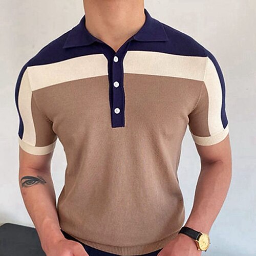 

Herre Polo Strik Polo Forretning Daglig Knaphul Kort Ærme Stilfuld Klassisk Farveblok Strikket Knap foran Sommer Forår Brun Polo