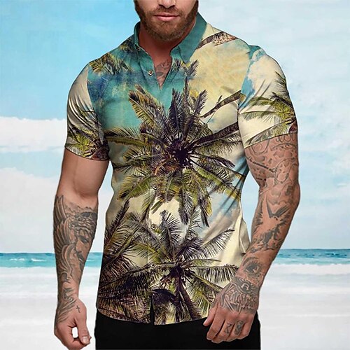 

Homens Camisa Social Camisa havaiana Coqueiro Estampas Abstratas Aberto para a Lateral Azul Ao ar livre Rua Manga Curta Imprimir Roupa Moda Roupa de rua Designer Macia