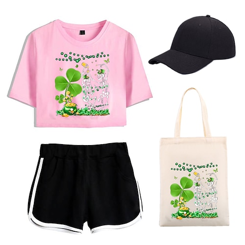 

4 pièces trèfle irlandais imprimé shorts haut court casquettes de baseball toile sacs fourre-tout ensemble tee t-shirt short ensembles coordonnés pour les tenues adultes des femmesamp; correspondant