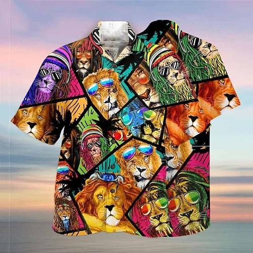 

Men's Shirt Summer Hawaiian Shirt Animal Lion Graphic Prints Cuban Collar Yellow Casual Hawaiian Short Sleeve Print Clothing Apparel Sports Fashion Streetwear Designer