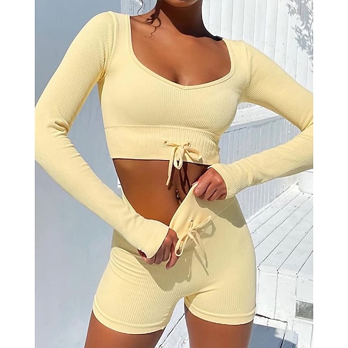 

Dame Træningssæt 2 stk Beskåret Helfarve Tøjsæt Sort Hvid Spandex Yoga Fitness Gym Træning Mavekontrol Balleløft Åndbart Langærmet Sport Sportstøj Elastisk Tynd