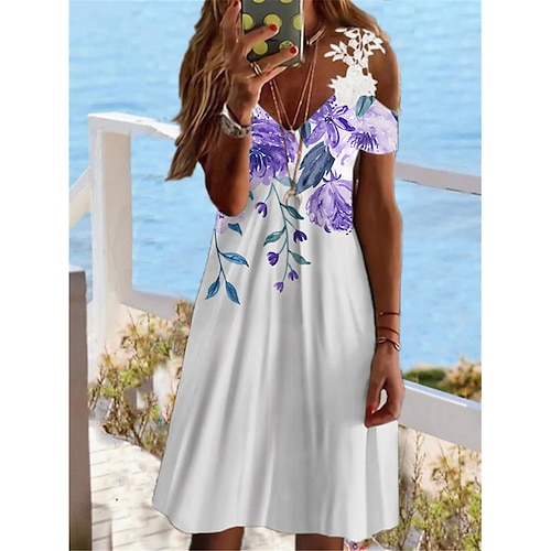 

Dame Uformell kjole Solkjole Sommerkjole Blomstret Blonde Lapper Med stropper Mini kjole Mote Gatemote utendørs Daglig Kortermet Normal Lilla Sommer Vår S M L XL XXL