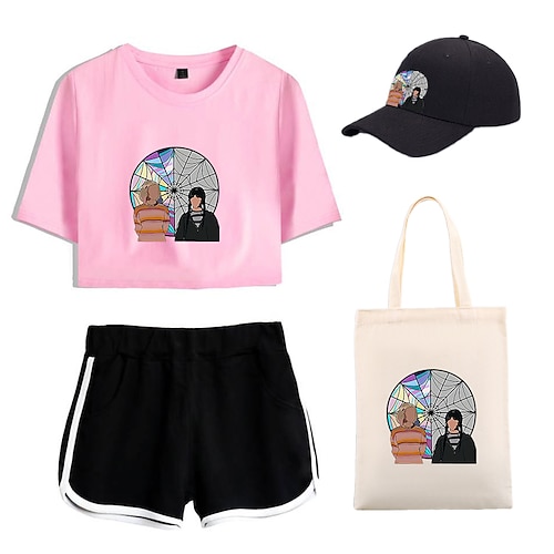 

4-teiliges Mittwoch-Addams-Shorts mit Aufdruck, Crop-Top, Baseballkappen, Segeltuch-Einkaufstaschen-Set, Mittwoch, Enid-T-Shirt, T-Shirt, Shorts, Co-Ord-Sets für Damen-Erwachsenen-Outfitsamp;