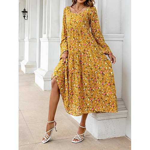 

Dame Afslappet påklædning Swing Kjole Blomster kjole Blomstret Trykt mønster Rund hals Midikjole Elegant Klassisk Daglig Stævnemøde Langærmet Regulær Gul Blå Sommer Forår S M L XL XXL