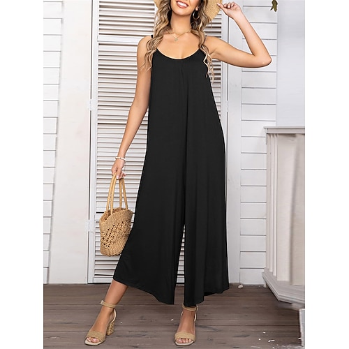 

Women's Jumpsuit Pocket Solid Color Crew Neck Streetwear Daily Vacation Regular Fit Spaghetti Strap Black Wine Navy Blue S M L Summer