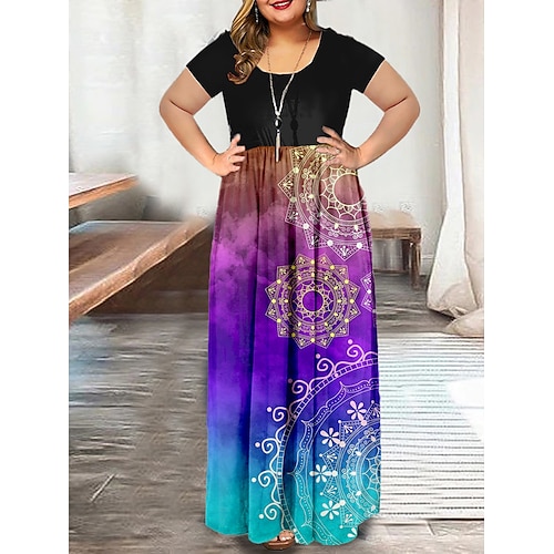 

Dame Plusstørrelser Hverdagskjole A Linje Kjole Grafisk Hældning Lang kjole Maxikjole Kortærmet Trykt mønster Rund hals Elegant Ferie Lilla Sommer Forår L XL XXL 3XL 4XL