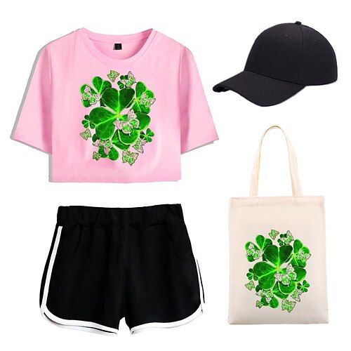 

4-delt shamrock irsk printede shorts crop top baseball kasketter lærred tote tasker sæt tee t-shirt shorts co-ord sæt til kvinders voksne outfits& matchende afslappet daglig løbegymnastiksport