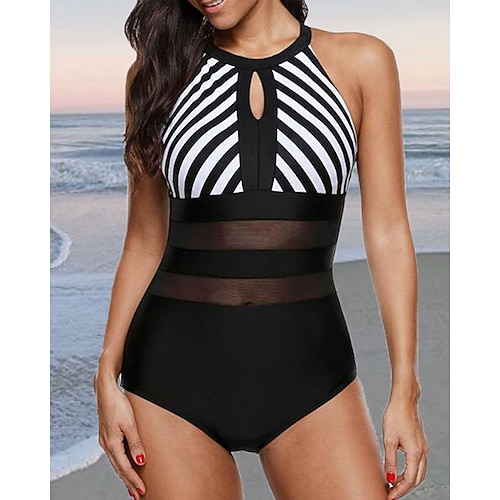 

Women's Swimwear One Piece Normal Swimsuit Mesh Patchwork Striped Black White Blue Dark Gray Bodysuit Bathing Suits Sports Beach Wear Summer