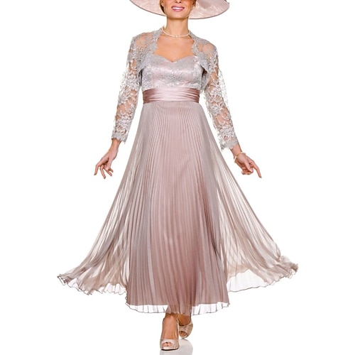 

Todelt Linjeform Kjole til brudens mor Fest Årgang Elegant Spagettistropper Ankellengde Chiffon Langermet med Blonder Plissert 2023