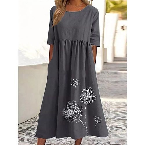 

Women's Cotton Linen Dress Casual Dress Midi Dress Cotton Blend Basic Casual Outdoor Daily Vacation Crew Neck Ruched Pocket Half Sleeve Summer Spring Fall 2023 Loose Fit ArmyGreen Black Pink Dandelion