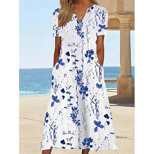

Per donna Vestito casual Prendisole Abito estivo Floreale Tasche Stampa A V Vestito longuette Attivo Di tendenza Esterno Appuntamento Manica corta Standard Blu Estate Primavera S M L XL XXL