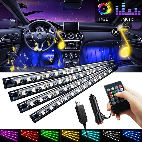 

4pcs 36 48 72 led usb luci interne dc5v caricabatteria da auto 12v musica multicolore luce di striscia per auto sotto il cruscotto kit di illuminazione suono attivo lampada telecomando senza fili